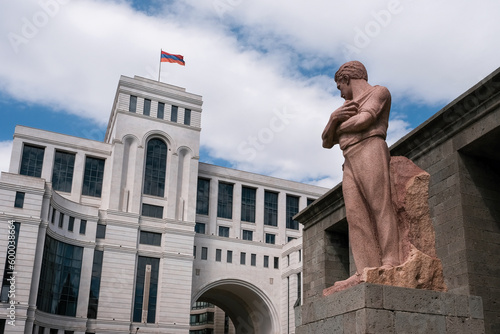 View of Shahumyan monument (1932, Merkurov) and Ministry of Foreign Affairs. Yerevan, Armenia.