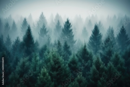 misty forest with tall trees Generative AI © AkuAku