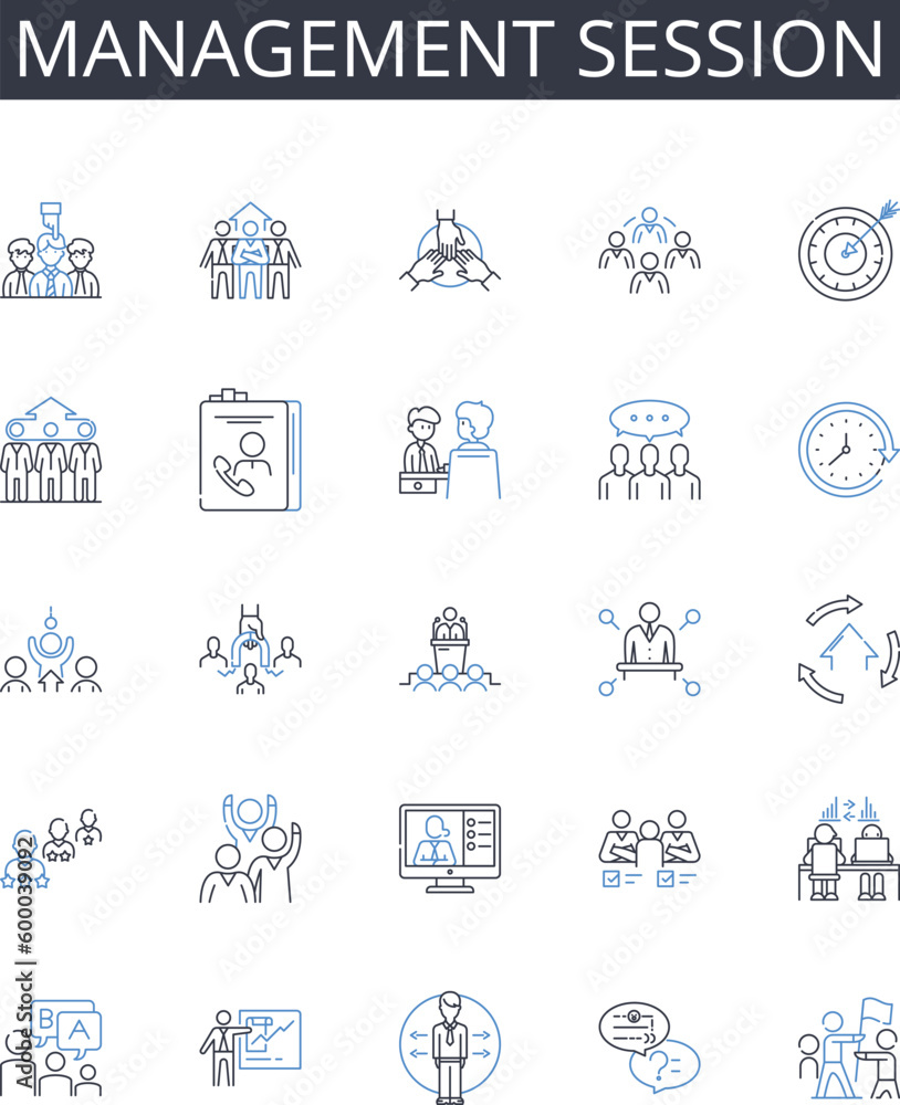 Management session line icons collection. Business Meeting, Team Gathering, Strategic Planning, Project Review, Committee Meeting, Board Assembly, Sales Conference vector and linear illustration