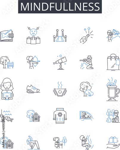 Mindfullness line icons collection. Self-awareness, Introspection, Self-reflection, Inner peace, Presence of mind, Concentrated thought, Focused attention vector and linear illustration. Composure