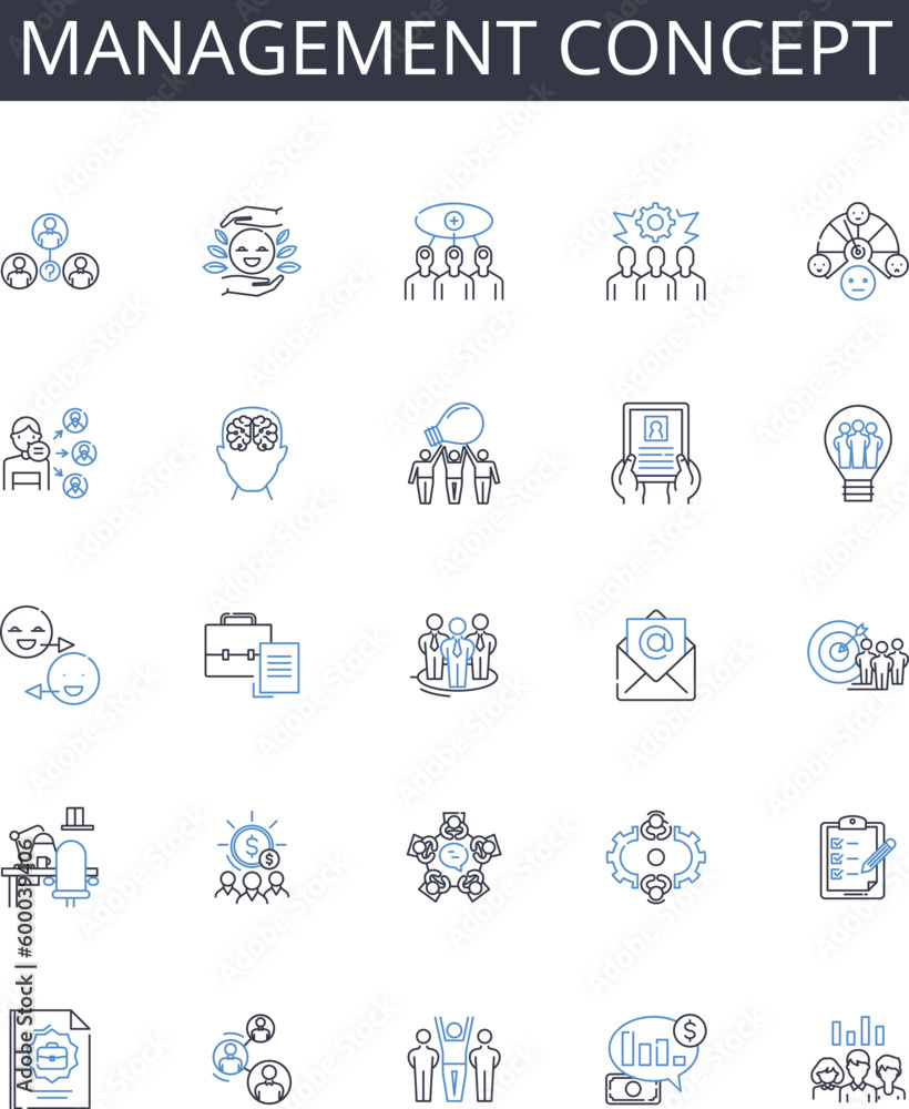 Management concept line icons collection. Leadership theory, Communication strategy, Decision-making process, Organizational plan, Business model, Marketing tactics, Sales strategy vector and linear