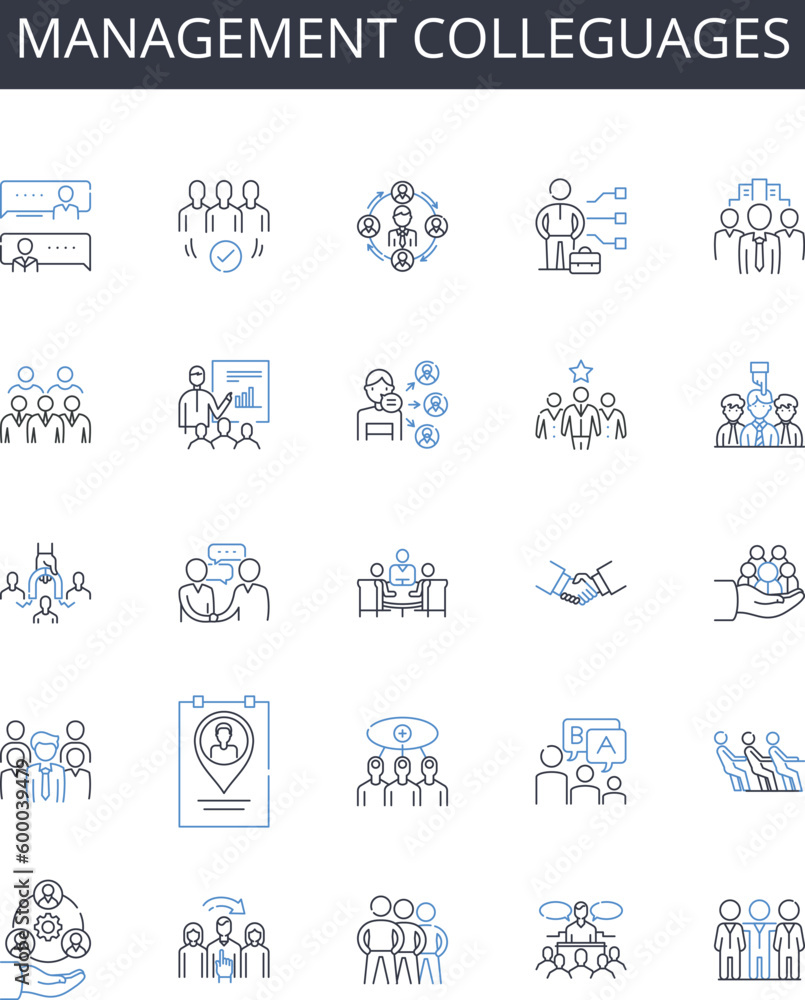 Management colleguages line icons collection. Business partners, Sales associates, Finance experts, Marketing professionals, Administrative assistants, Human resources, Customer support vector and