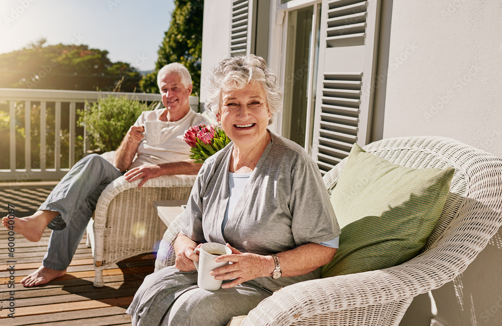 Φωτογραφία Happy, patio and portrait of senior couple with coffee enjoying bonding, quality time and relax in morning