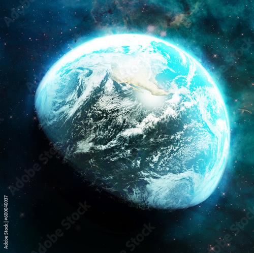 Fototapeta Naklejka Na Ścianę i Meble -  Earth, planet or world with glow in space for astronomy study, science and light in universe. 3d global sphere, sunrise and galaxy sky with clouds, ocean or sea in solar system, globe and cosmos