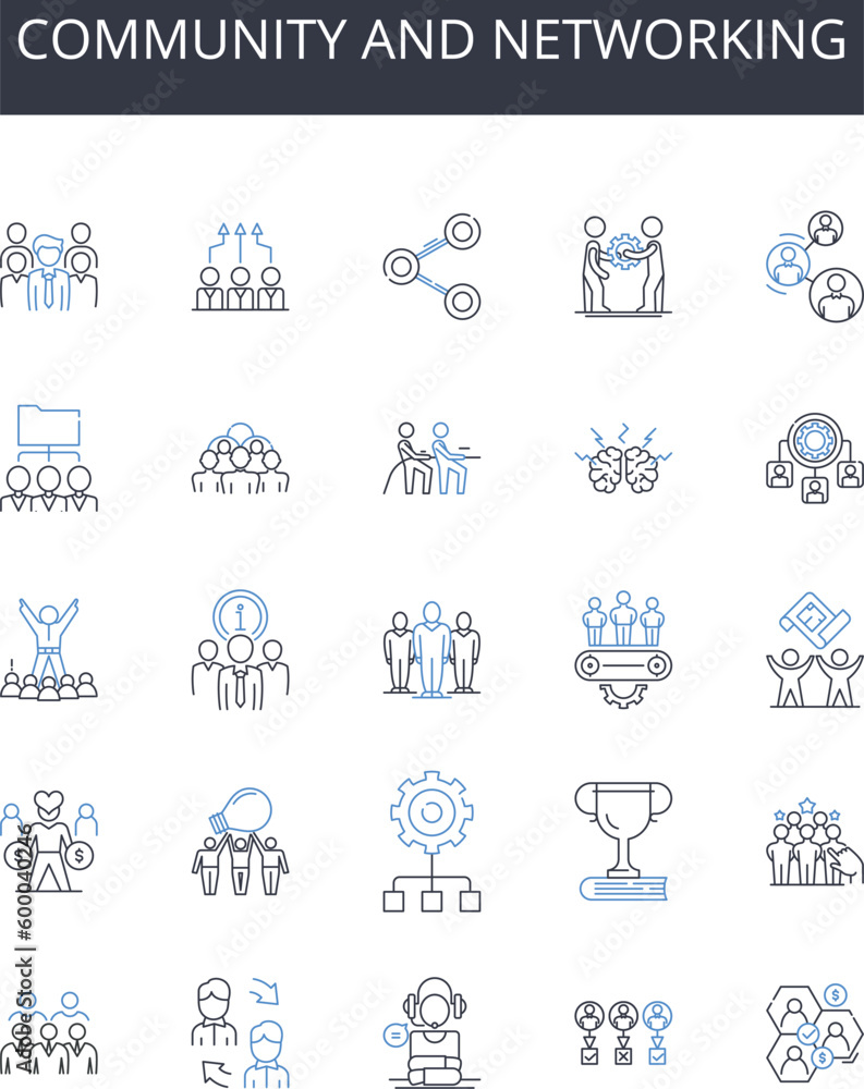 Community and networking line icons collection. Society, Group, Association, Neighborhood, Tribe, Faction, Fellowship vector and linear illustration. Club,Guild,Clan outline signs set - obrazy, fototapety, plakaty 