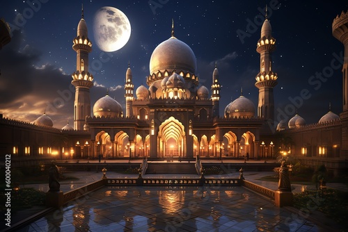 The moon is shining over a mosque