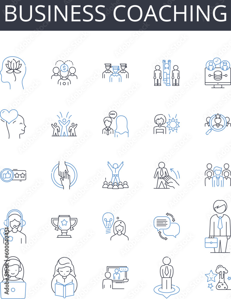 Business coaching line icons collection. Life coaching, Executive coaching, Leadership training, Career counseling, Performance coaching, Employee development, Team building vector and linear