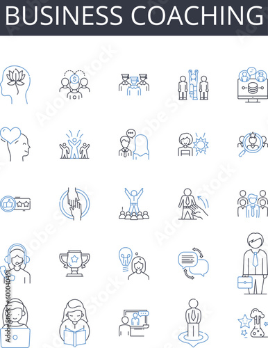 Business coaching line icons collection. Life coaching, Executive coaching, Leadership training, Career counseling, Performance coaching, Employee development, Team building vector and linear