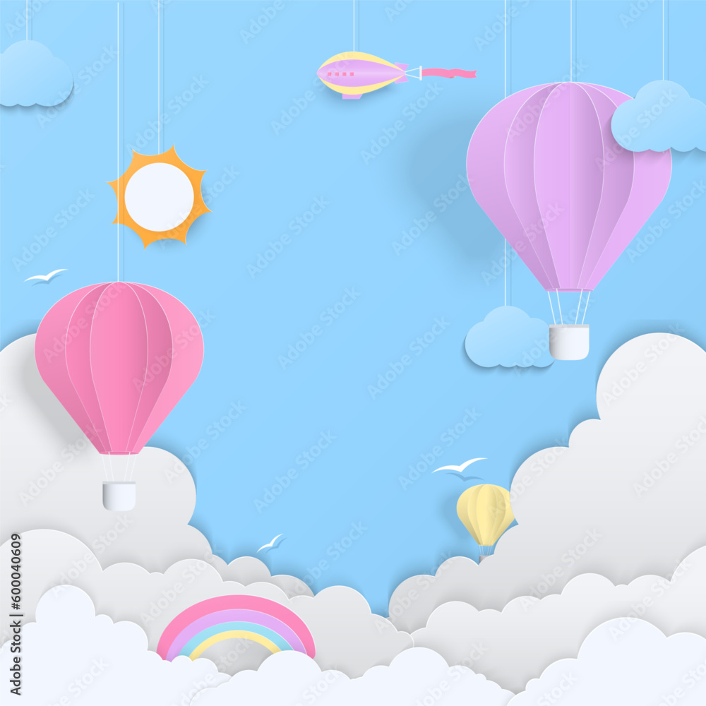 Pastel hot air balloon and cloud on blue background