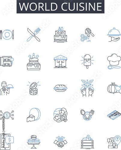 World Cuisine line icons collection. Fine Dining, Fresh Produce, Coastal Cuisine, Gourmet Food, Savory Flavors, Rich Ingredients, Regional Dishes vector and linear illustration. Exotic Spices,Fusion