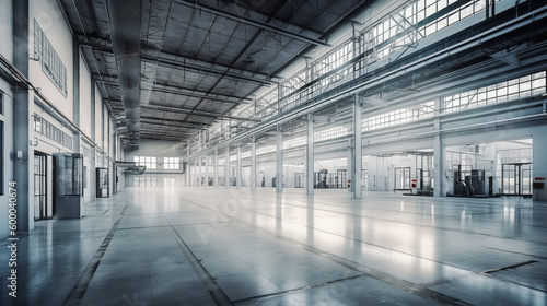 Modern industrial interior. Factory building. Construction line  structures and industrial lines for equipment and machines. Generative AI. . High quality illustration
