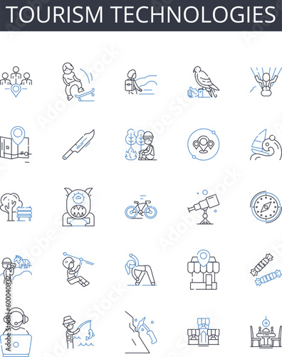 Tourism technologies line icons collection. Artificial intelligence, Social media, Virtual reality, Mobile applications, E-commerce, Online marketing, Digital advertising vector and linear