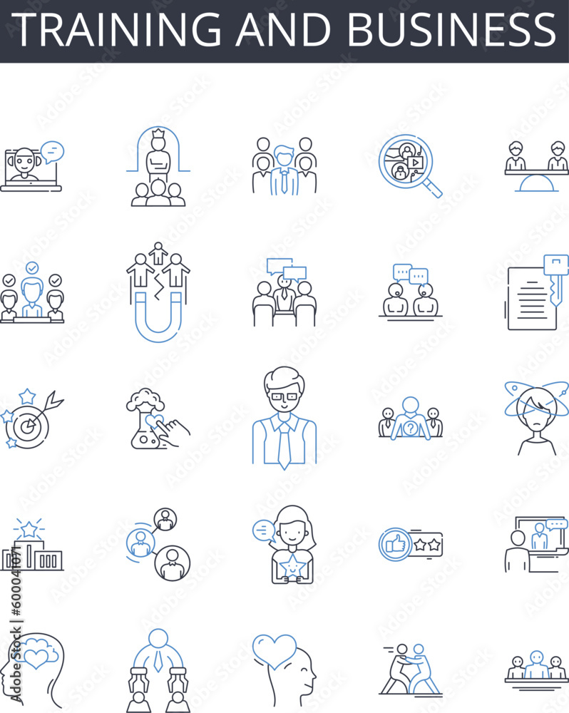 Training and business line icons collection. Learning and commerce, Instruction and industry, Education and enterprise, Coaching and trade, Teaching and economy, Tutoring and market, Guidance and Training and business line icons collection. Learning and commerce, Instruction and industry, Education and enterprise, Coaching and trade, Teaching and economy, Tutoring and market, Guidance and