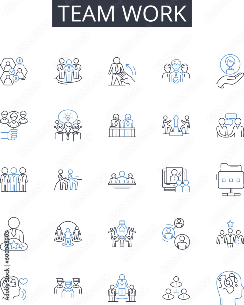 Team work line icons collection. Cooperation support, Leadership guidance, Trust bond, Collaboration partnership, Unity alliance, Communication connection, Synergy harmony vector and linear Team work line icons collection. Cooperation support, Leadership guidance, Trust bond, Collaboration partnership, Unity alliance, Communication connection, Synergy harmony vector and linear