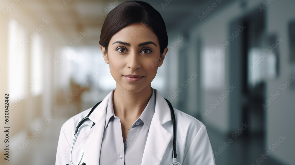 woman doctor wearing a white lab coat, stethoscope around her neck, and standing confidently with a reassuring smile woman doctor wearing a white lab coat, stethoscope around her neck, and standing confidently with a reassuring smile
