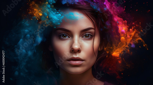 beautiful fantasy abstract portrait of a beautiful woman double exposure with a colorful digital paint splash or space nebula © Nadun