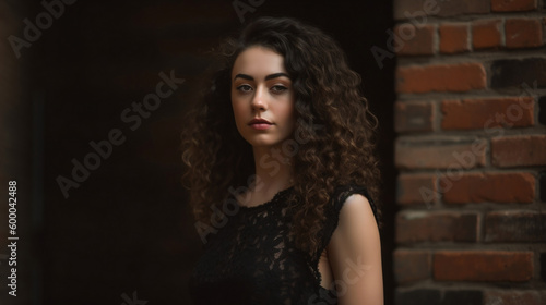 A beautiful young woman with long, curly hair, standing confidently in front of a rustic brick wall