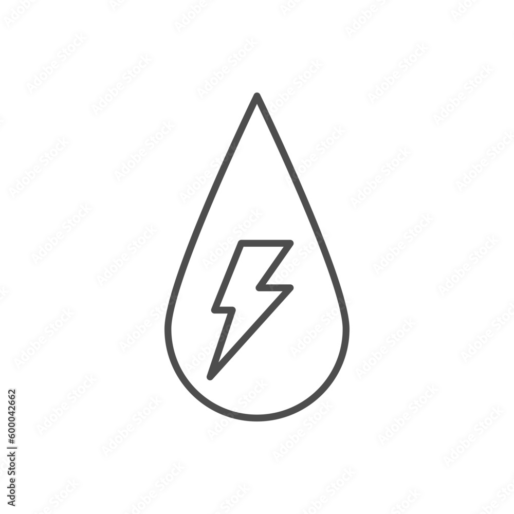 Water energy related vector linear icon. Water drop with lightning inside. Hydro power. Vector outline illustration Isolated on white background. Editable stroke Water energy related vector linear icon. Water drop with lightning inside. Hydro power. Vector outline illustration Isolated on white background. Editable stroke
