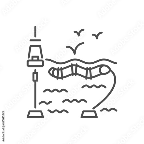 Wave energy related vector linear icon. Eco safe power plan. Electricity generation. Hydroelectric station. Vector outline illustration Isolated on white background. Editable stroke