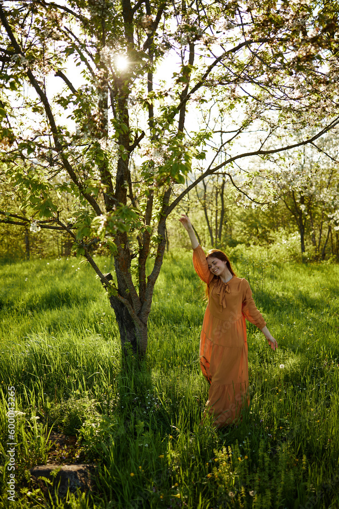 Obraz premium a beautiful, joyful woman stands in a long orange dress, in the countryside, near a tree blooming with white flowers, during sunset, illuminated from the back and reaching for the branches of the tree