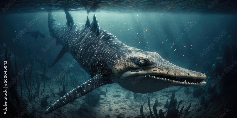 Underwater prehistoric creature or dinosaur swimming underwater ...