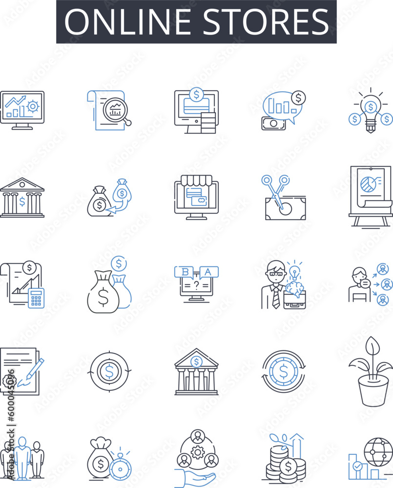 Online stores line icons collection. Web shops, Internet boutiques, Cybermarketplaces, Digital emporiums, E-commerce sites, Virtual retailers, Web-based markets vector and linear illustration. Online Online stores line icons collection. Web shops, Internet boutiques, Cybermarketplaces, Digital emporiums, E-commerce sites, Virtual retailers, Web-based markets vector and linear illustration. Online