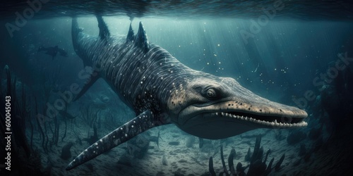 Obraz na plátně Underwater prehistoric creature or dinosaur swimming underwater