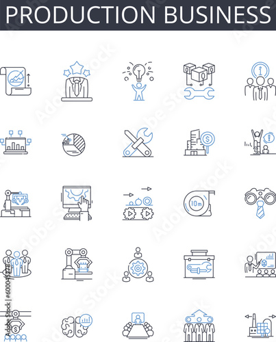 Production business line icons collection. Manufacturing industry, Service sector, Retail business, Agricultural enterprise, Financial institution, Educational institution, Healthcare provider vector