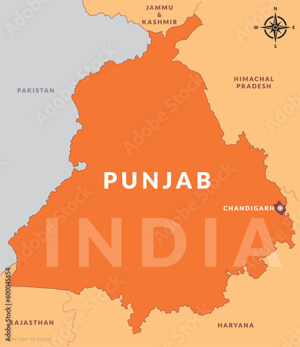 State of Punjab India with capital city Chandigarh hand drawn map