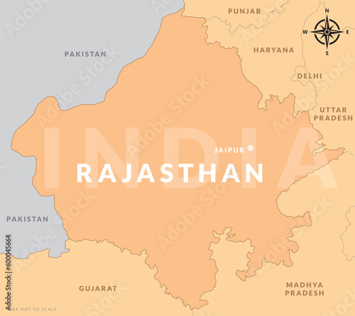 State of Rajasthan India with capital city Jaipur hand drawn map
