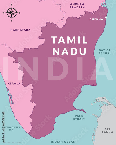 State of Tamil Nadu India with capital city Chennai hand drawn map photo