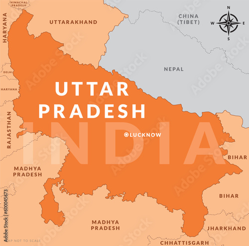 State of Uttar Pradesh India with capital city Lucknow hand drawn map