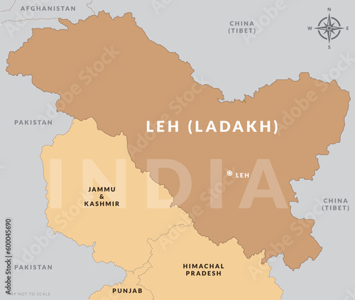 Union territory of Ladakh India with capital city Leh hand drawn map photo