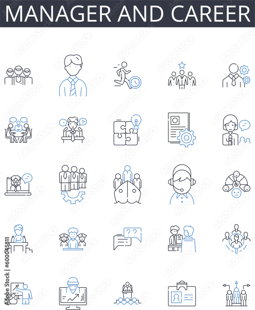 Manager and career line icons collection. Supervisor and job, Director and employment, Executive and profession, Chief and occupation, Leader and vocation, Head and work, Administrator and calling