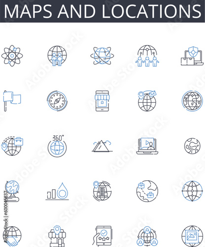 Maps and locations line icons collection. Cartography, Geolocation, Topography, Atlas, Navigation, Terrain, Geocaching vector and linear illustration. Wayfinding,Satellite imagery,GPS outline signs