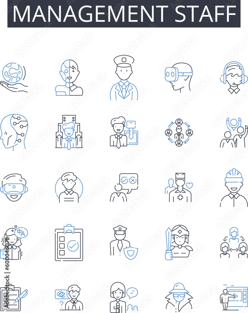 Management staff line icons collection. Executive team, Administration staff, Managing directors, Supervisory personnel, Operation managers, Coordinating team, Department heads vector and linear Management staff line icons collection. Executive team, Administration staff, Managing directors, Supervisory personnel, Operation managers, Coordinating team, Department heads vector and linear
