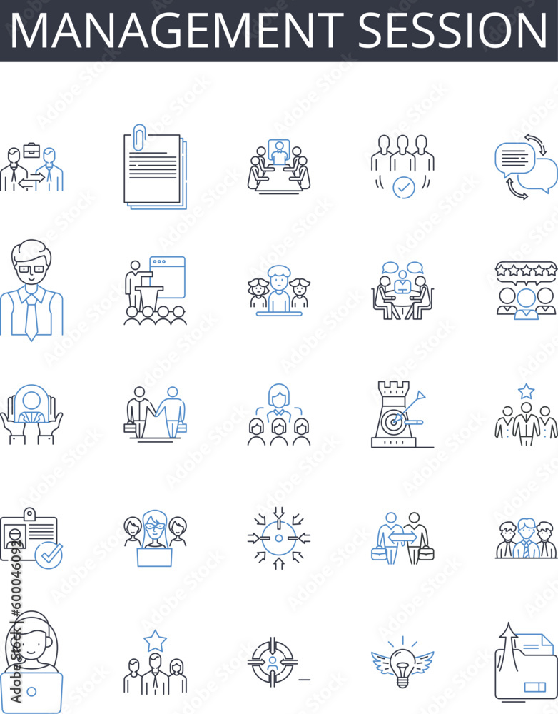 Management session line icons collection. Business Meeting, Team Gathering, Strategic Planning, Project Review, Committee Meeting, Board Assembly, Sales Conference vector and linear illustration