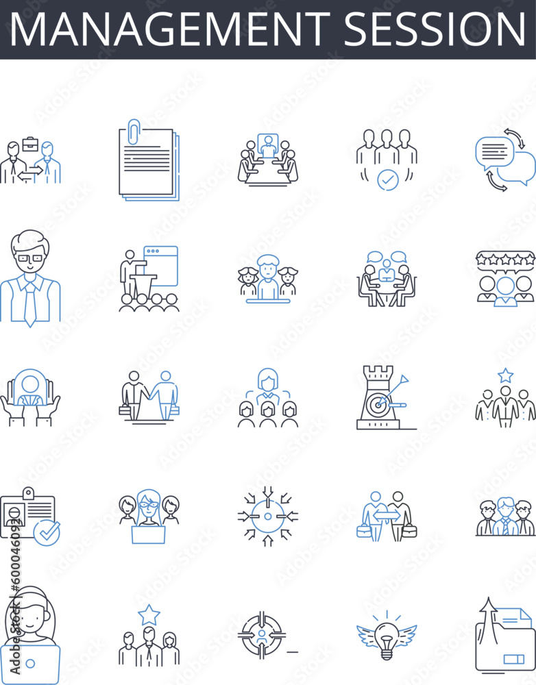 Management session line icons collection. Business Meeting, Team Gathering, Strategic Planning, Project Review, Committee Meeting, Board Assembly, Sales Conference vector and linear illustration Management session line icons collection. Business Meeting, Team Gathering, Strategic Planning, Project Review, Committee Meeting, Board Assembly, Sales Conference vector and linear illustration