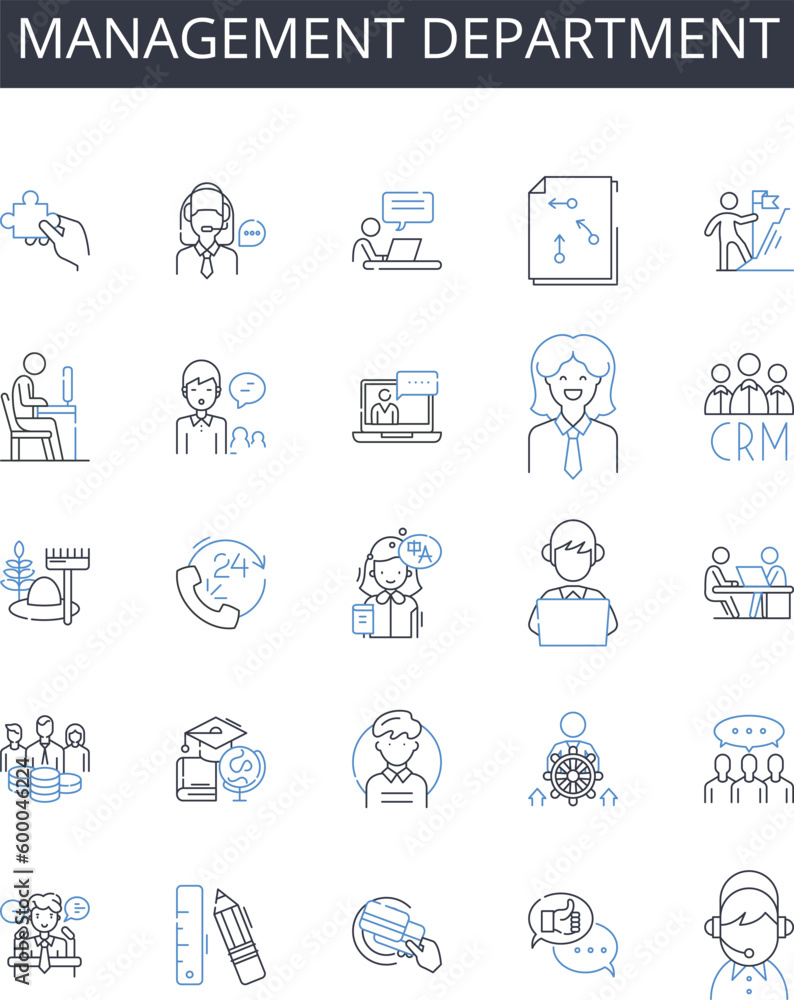 Management department line icons collection. Marketing team, Finance unit, Sales division, Human resources, Project office, Development sector, Quality control vector and linear illustration. Public