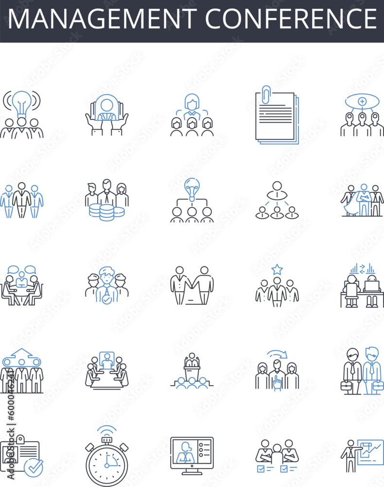 Management conference line icons collection. Executive meeting, Leadership seminar, Professional gathering, Business forum, Strategic summit, Corporate retreat, Board assembly vector and linear