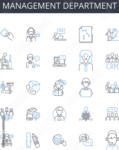 Management department line icons collection. Marketing team  Finance unit  Sales division  Human resources  Project office  Development sector  Quality control vector and linear illustration. Public