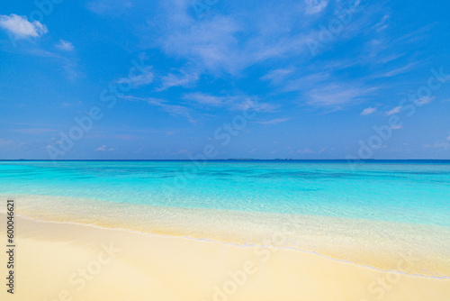 Tranquil landscape closeup of sand on exotic beach. Panoramic beach landscape. Idyllic tropical beach and seascape. Sunny blue cloudy sky, soft sand, calmness, tranquil relaxing sunlight, summer mood
