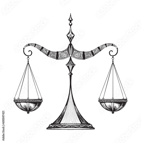 Libra zodiac sign, vintage scales for weighing, symbol of justice, equilibrium and balance. Vector hand drawn tattoo isolated on white background, engraving stylization.