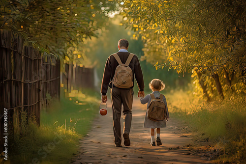 Dad takes his daughter walking in the woods to school.AI technology generated image © onlyyouqj
