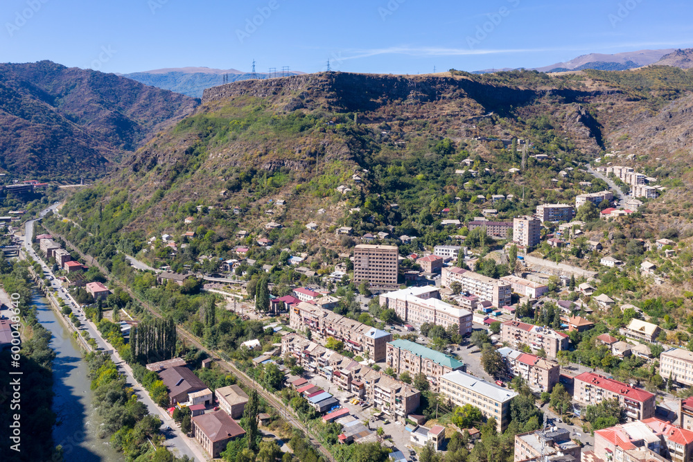Aerial view of Alaverdi town and Debed river on sunny summer day. Lori Province, Armenia.