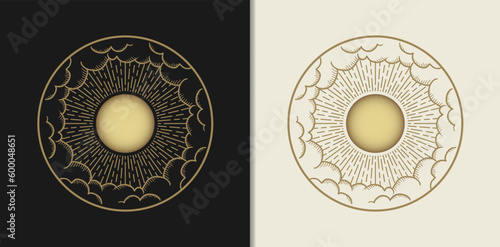 The Sun or Moon Surrounded by Clouds with "Hand-drawn Engraving Gold Style