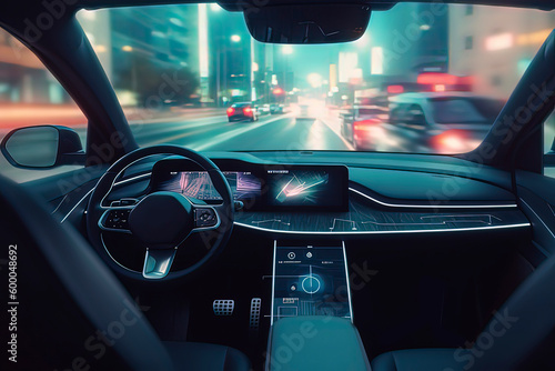 Intelligent cars driving in cities.AI technology generated image