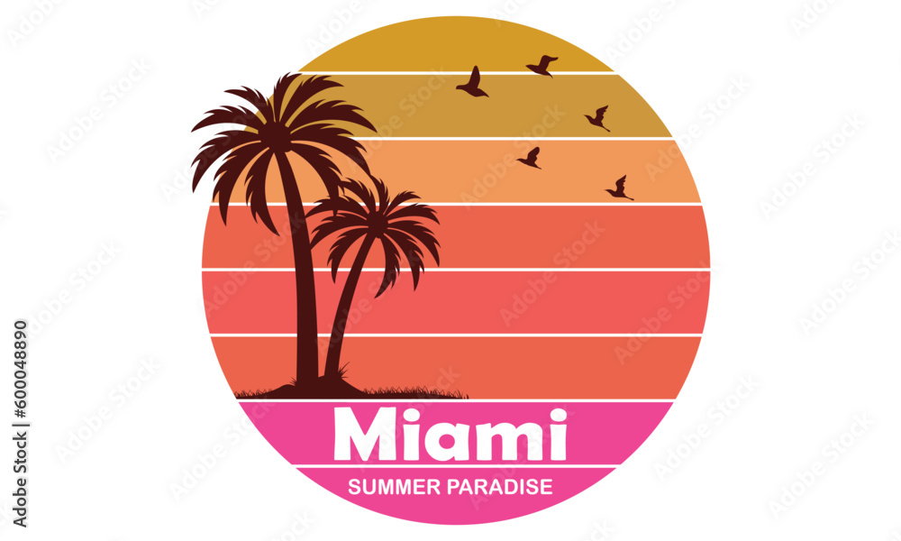 Naklejka premium Miami Summer Paradise T-shirt Design Vector Illustration and apparel vector design, print, typography, poster, emblem with palm trees. With Surfing Man, Vector Print Design Artwork, Summer T-shirt