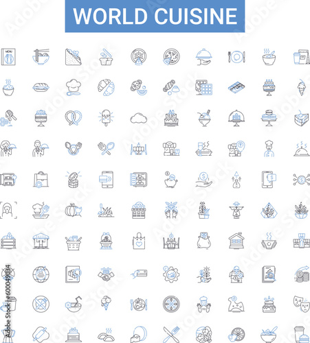 World Cuisine outline icons collection. international, flavors, recipes, foods, dishes, cooking, cultures vector illustration set. countries, taste, traditions line signs