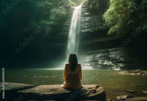 young woman looking at a waterfall